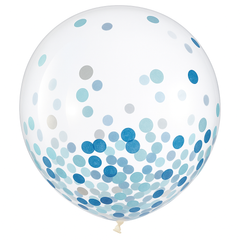 Transparent Confetti Latex Balloons, Blue & Silver, 24-Inch, Pack of 2