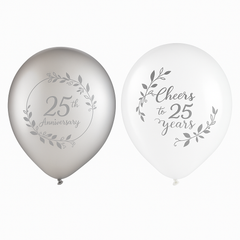Silver & White 25th Anniversary Latex Balloons - 12", Pack of 15
