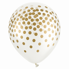 Gold Confetti Print Transparent Latex Balloons, 12-inch, 6-Pack
