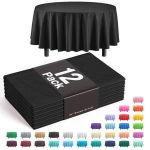 Premium Round Black Plastic Table Covers | 12 Pack - 84 in.