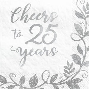 "Cheers to 25 Years" Silver Anniversary Beverage Napkins - 16 Pack - 5 In. X 5 In.