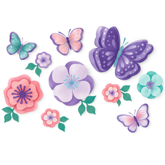 Butterfly Flutter Floral Wall Decorations Kit, 9-Piece