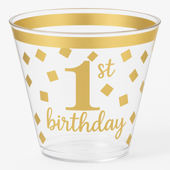 "1st Birthday" Gold Metallic Confetti Plastic Tumblers, 9oz, 30 Pack