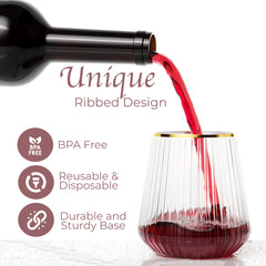 12 Oz. Stemless Ridged Wine Tumbler 24 Count | Clear/Gold