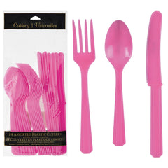 Bright Pink Assorted Plastic Cutlery Set - 24 Pieces