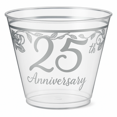 Elegant 25th Anniversary Plastic Tumblers, 9 oz, 30 Pack