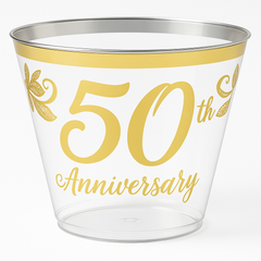 Elegant 50th Anniversary Plastic Tumblers, 9 oz, Clear/Gold, 30-Pack
