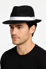 Black Gangster Fedora Hat with White Satin Band