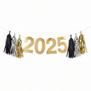 "2025" New Year's Tassel Garland Banner in Gold, Black, and Silver - 8 ft