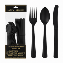 Black Assorted Plastic Cutlery Set - 7.5 in. - 24 Pack