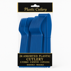 Royal Blue Assorted Plastic Cutlery Set - 24 Pieces - 7.5 in.