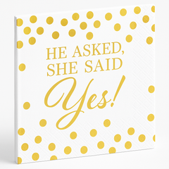"He Asked, She Said Yes!" Gold Beverage Napkins - 16 Pack - 5 In. X 5 In.