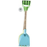 Beach shovel toy with green handle and blue scoop