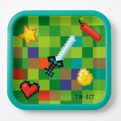 Pixel Party Square Paper Plates - 7" Gamer Design, 8-Pack