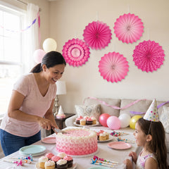 Mini Bright Pink Patterned Paper Fan Decorations, 5-Pack