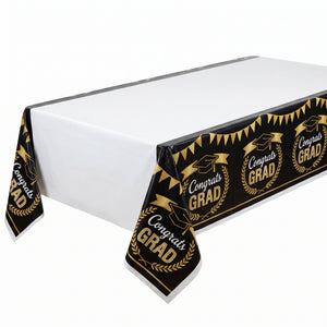 "Congrats Grad" Plastic Table Cover - Black & Gold 54x84 inch for Graduation