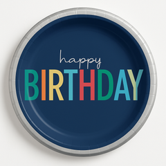 Modern Blue "Happy Birthday" Metallic Lunch Plates - 10.5"