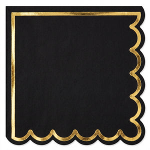 Black Scalloped Edge Beverage Napkin with Gold Hot Stamp - 5 In. X 5 In.