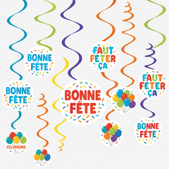 Bonne Fête Spiral Hanging Decorations - Colorful Birthday Party Decor, 12-Pack