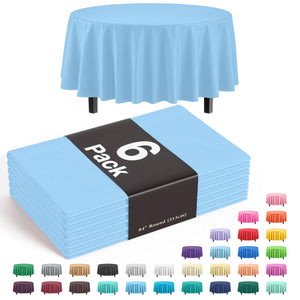 Premium Round Light Blue Plastic Table Covers | 6 Pack - 84 in.