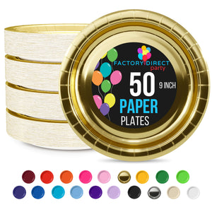 9 in. Reflective Gold Paper Plates | 50 Ct.