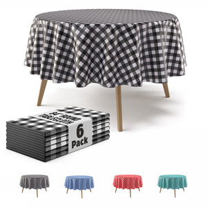 Round Black Gingham Plastic Table Covers | 6 Pack | 84 in.