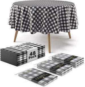 Round Black Gingham Plastic Table Cover - 84 in. | Case of 48