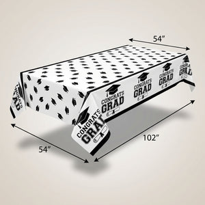 "Congrats Grad" Reusable Plastic Table Cover, Black/White, 54x84-in for Graduation