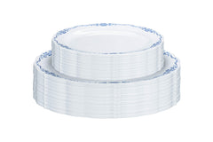 9 In. White / Navy Victorian Design Plates | 20 Count
