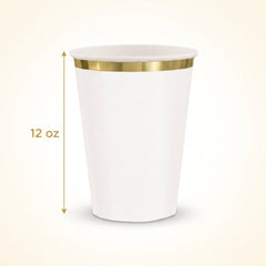 Elegant White Paper Cups with Gold Trim - 12oz