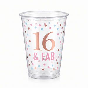 "16 & Fab" Sweet Sixteen Plastic Cups - 16 oz, 20 Pack