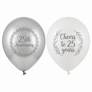 Silver & White 25th Anniversary Latex Balloons - 12", Pack of 15