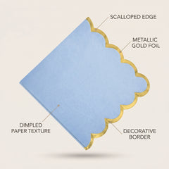 Scalloped Edge Beverage Napkins - Ice Blue with Gold Foil Border, Decorative Cocktail Napkins for Baby Shower, Birthday, Tea Party, Christening - 5 In. X 5 In.