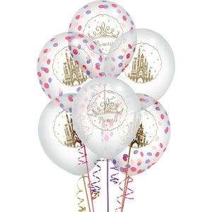 Little Gym - Disney Princess Once Upon A Time Round Transparent Confetti Latex Balloons, Purple/Pink/Gold, 12-in, for Birthday Party - 6 Ct.