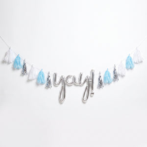 DIY Customizable Tassel Garland Banner in Light Blue, White, and Silver for Celebrations