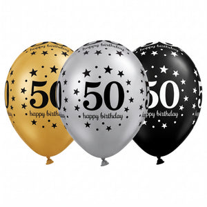 Sparkling 50th Birthday Latex Balloons, Black/Gold/Silver, 12-Inch, 15-Pack
