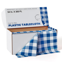 54 In. x 300 Ft. Cut to Size Plastic Table Cover  | Blue Gingham | Case of 4