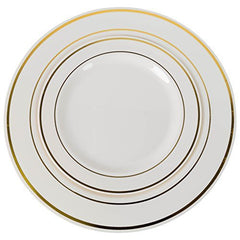 10.25 In. Cream/Gold Line Design Plastic Plates | 120 Count