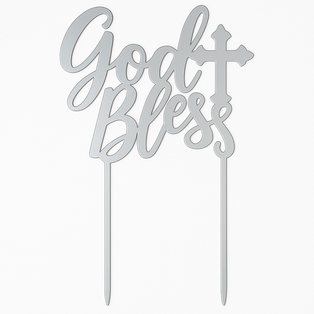 Metallic Silver "God Bless" Cake Topper