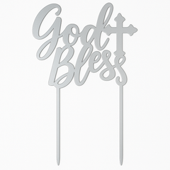 Metallic Silver "God Bless" Cake Topper