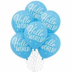 "Hello World" Blue Latex Balloons - 15 Pack for Baby Showers