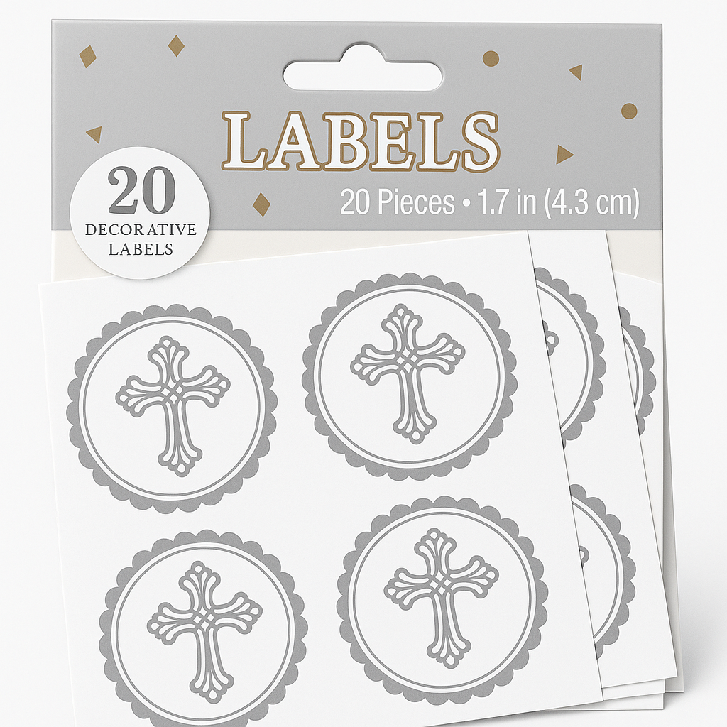 Elegant Sacraments Cross Round Labels - Silver, 1.7-Inch, 20-Pack