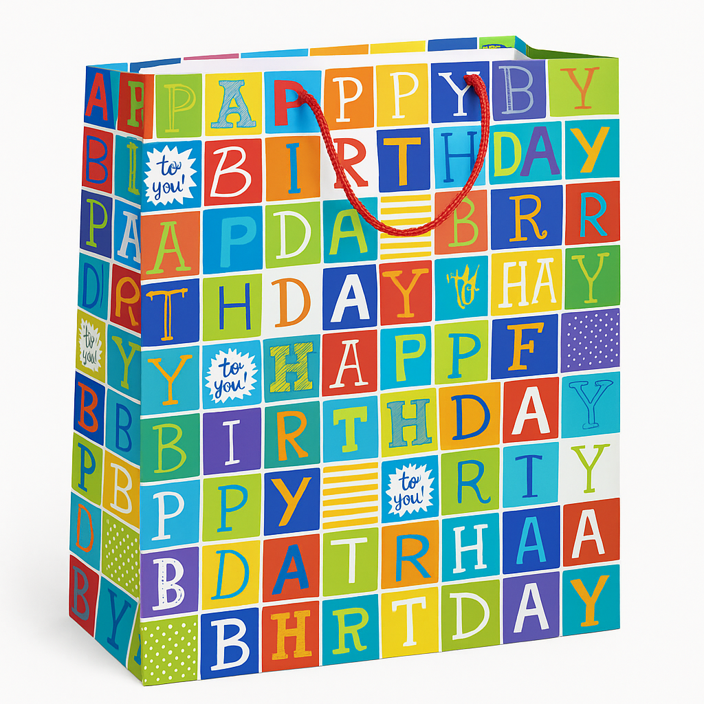Giant Happy Birthday Checkerboard Gift Bag with Rope Handles