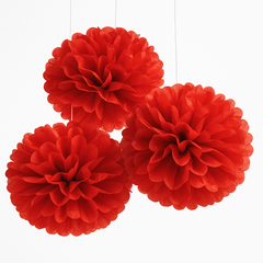 Vibrant Red Fluffy Tissue Pom Pom Decorations - 16-Inch, 3-Pack