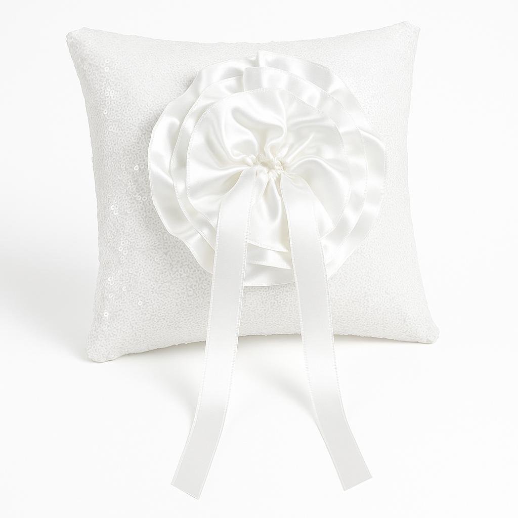 Elegant Sequin Ring Bearer Pillow with Floral Ribbon Accent
