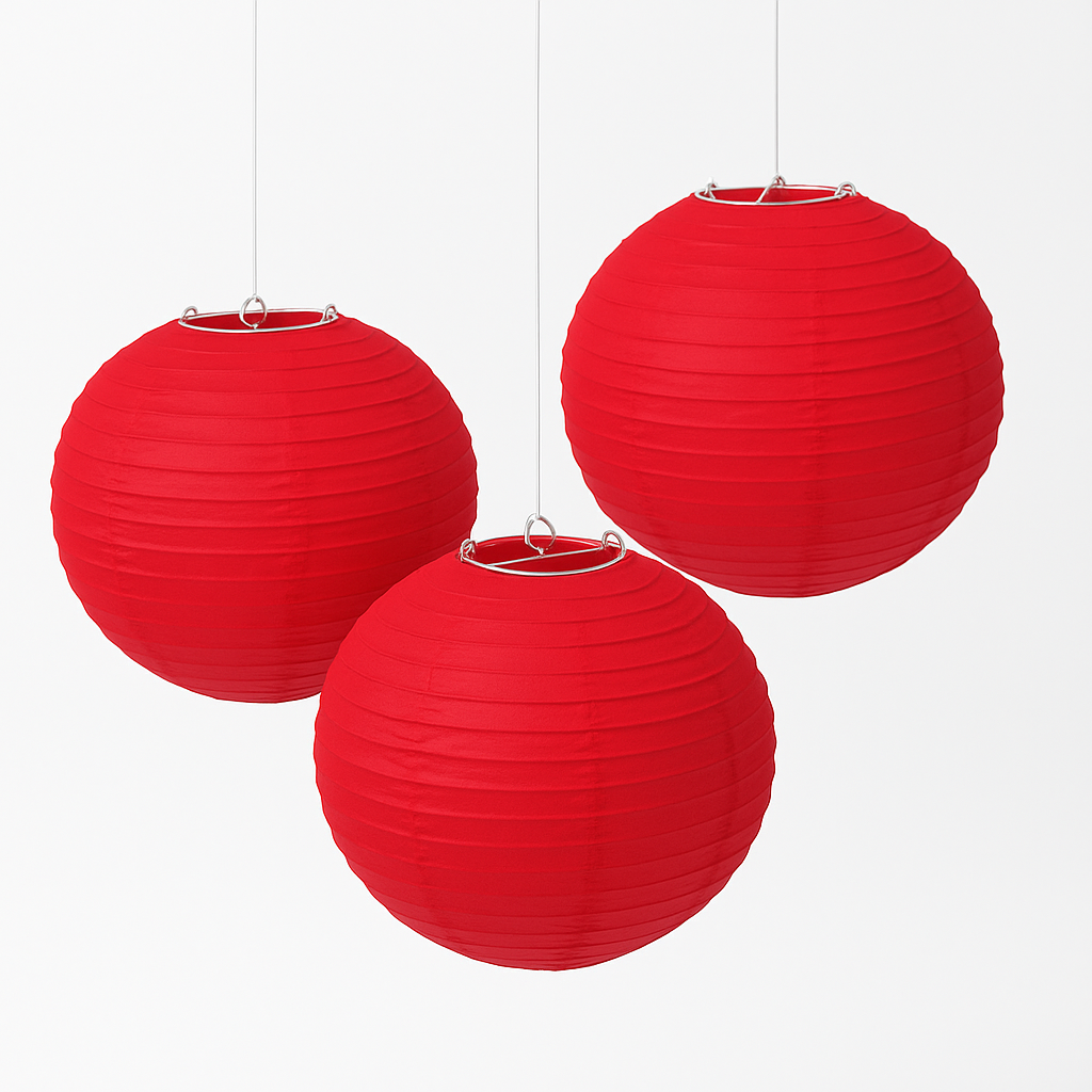 Vibrant Red Round Paper Lanterns, 9.5-Inch, 3-Pack
