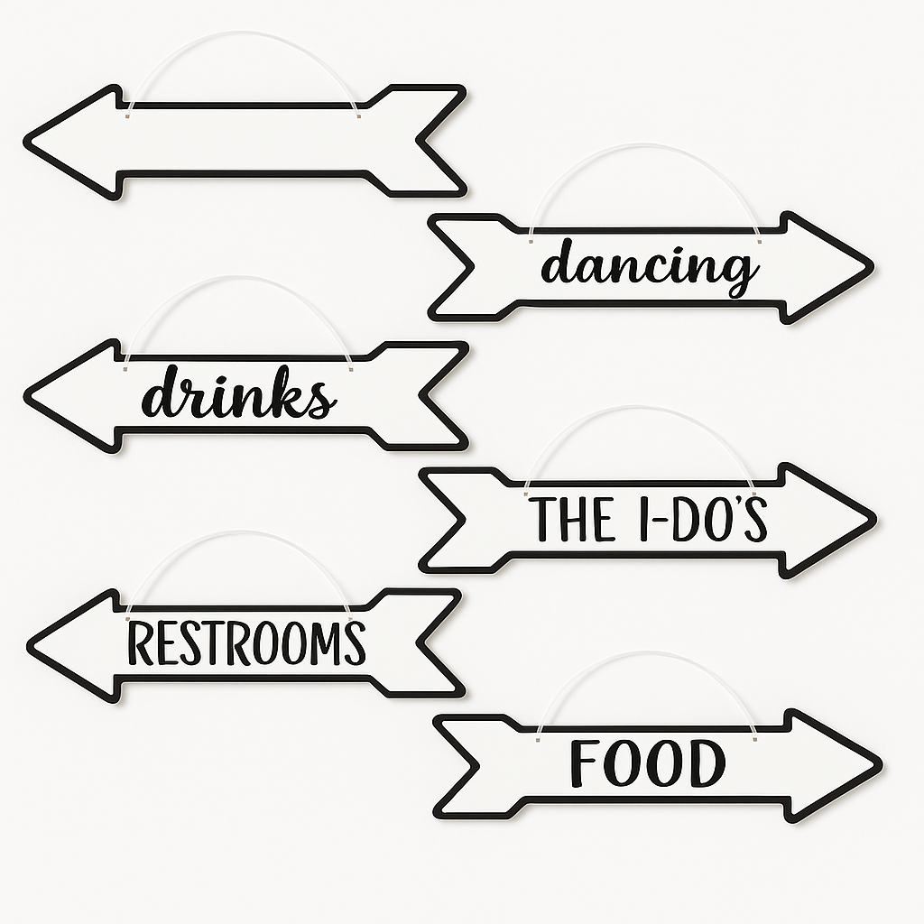 Elegant Wedding Directional Arrow Signs - Black & White, 6-Pack