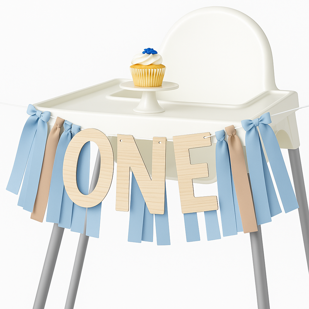 Baby's First Birthday High Chair Banner - Blue & Tan