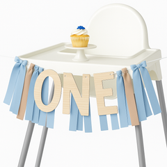 Baby's First Birthday High Chair Banner - Blue & Tan