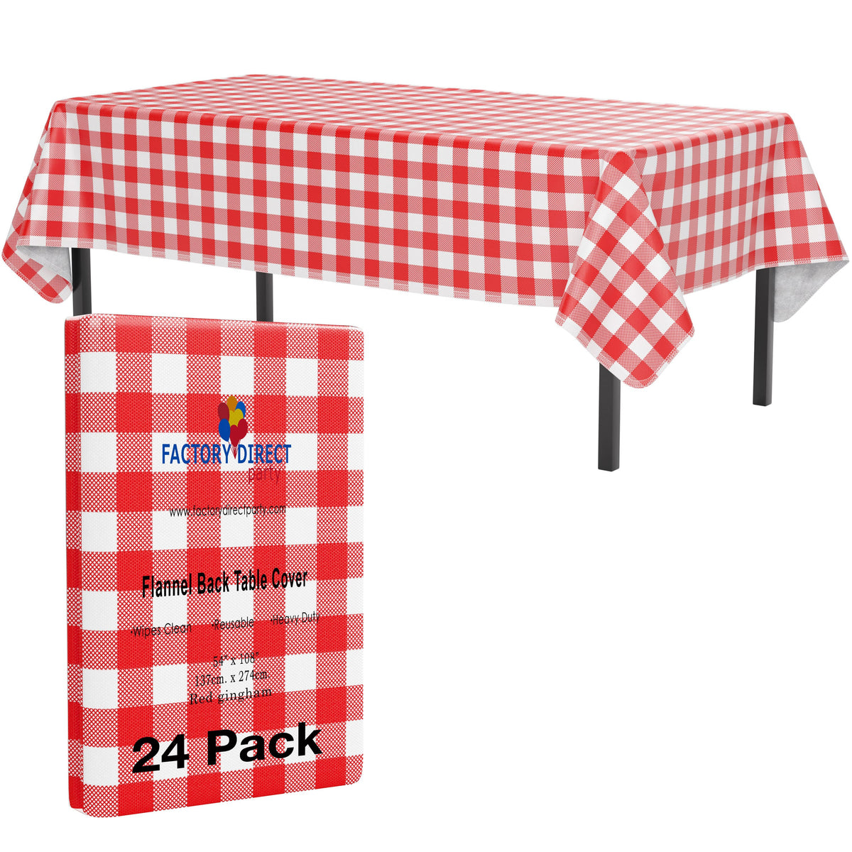 Red Gingham Flannel Backed Plastic Table Cover 54 In. x 108 In. | Case of 24